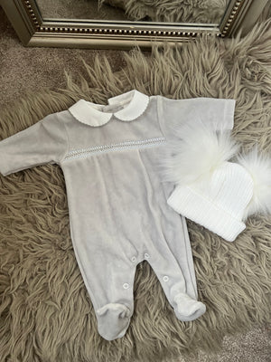 Grey velour  smock sleepsuit