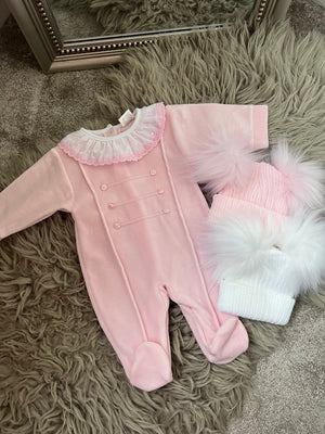 Pink velour frilly sleepsuit