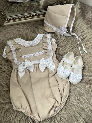 Beige romper & bonnet set