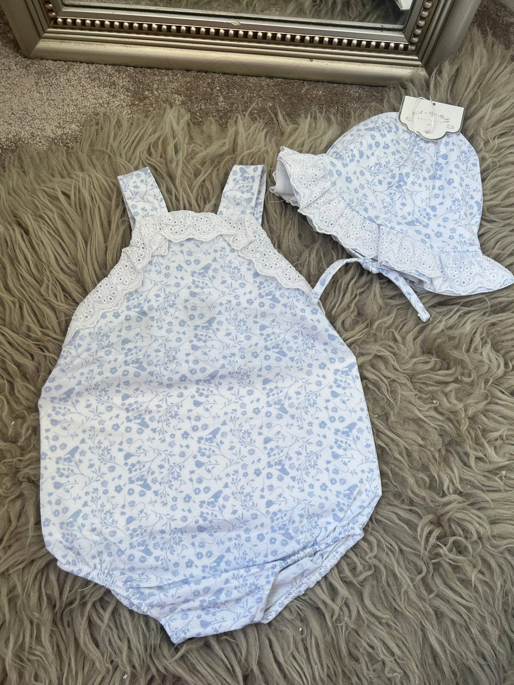 Blue & white print romper & sun hat