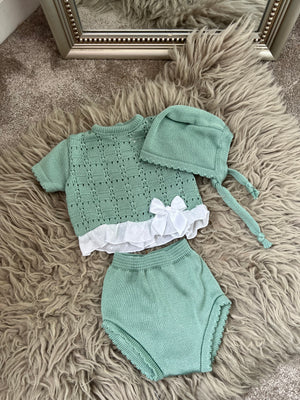 Sage green & white frilly set