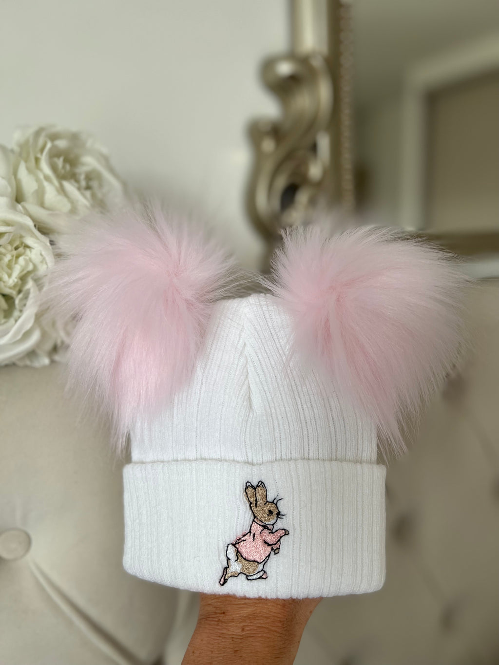 Pink & white Peter rabbit hat