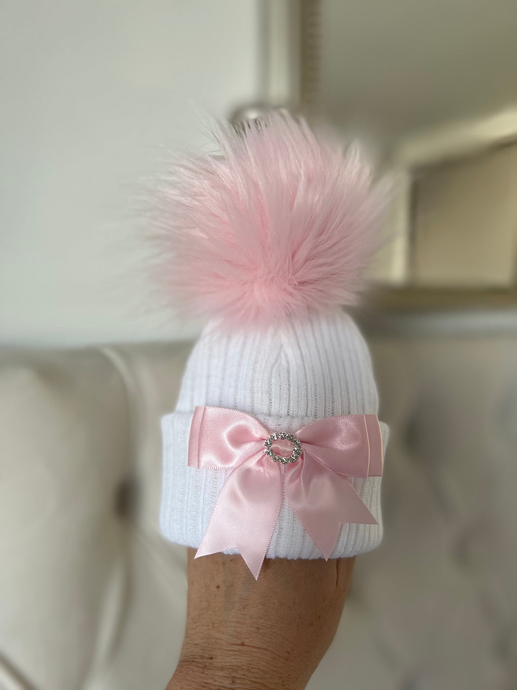 White & pink newborn bow hat