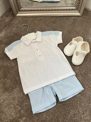 White & blue polo shorts set